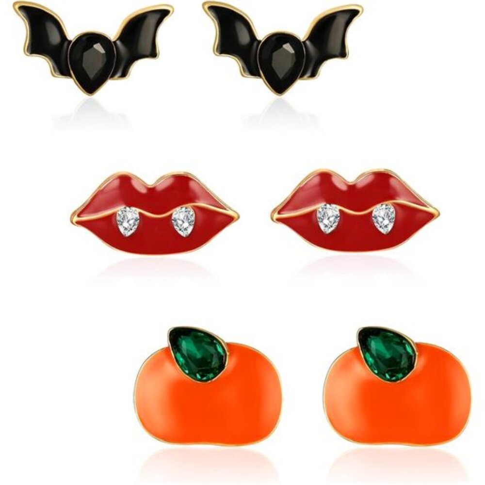 Lovely Halloween Stud Earrings Set | Pumpkin, Vampire Bat & Lip Designs.